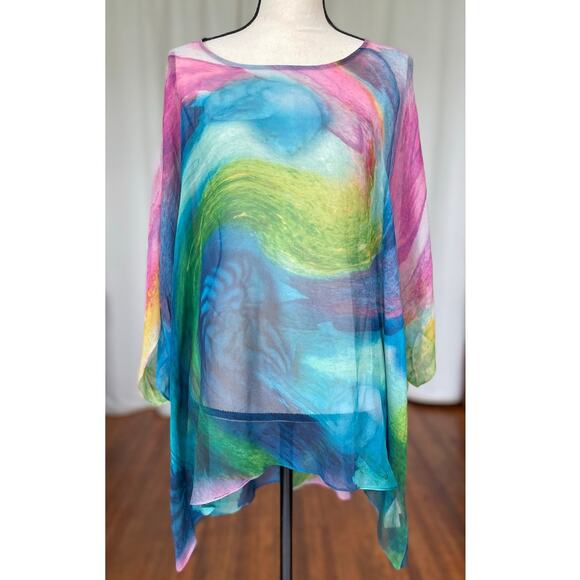 Soft Surroundings Sheer Silk Colorful Print Women's Top Size XL Boho Oversize - Picture 3 of 8